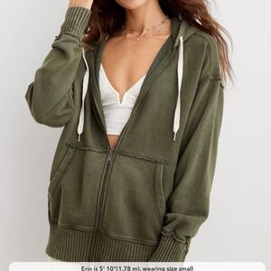 AERIE Down-To-Earth Full Zip Hoodie - Burgundy, M